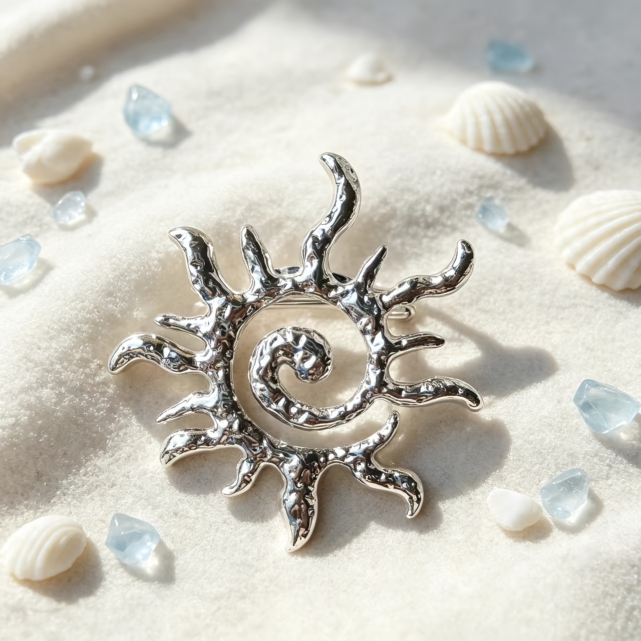 Retro Spiral Sun Brooch, Irregular Hammered Metal Pin